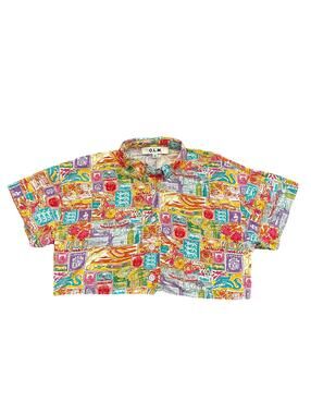 O.L.M. Cropped Button Up Women’s Size Medium Post Card Print Tie Key Hole Back